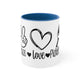 White mug with a Blue accent and a "Peace Love Pickleball" design with a peace-sign hand, a heart, and a paddle and ball
