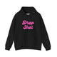 Black pickleball hoodie with a pink script Drop Shot text design