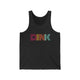 Unisex pickleball tank top with a rainbow-striped "DINK" wordmark