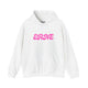 White pickleball hoodie with a pink retro bubble ERNE text design