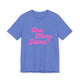 Heather Columbia blue pickleball t-shirt with a pink script One More Game text design