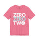 Charity pink t-shirt with a stacked ZERO ZERO TWO text design and a pickleball replacing the O in two