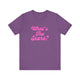 Heather team purple pickleball t-shirt with a pink script What's the Score text design