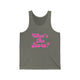 Grey triblend pickleball tank top with a pink script What's the Score text design