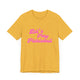 Heather yellow gold pickleball t-shirt with a pink script Let's Play Pickleball text design