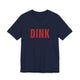 Navy pickleball t-shirt with a bold, distressed red "DINK" wordmark