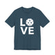 Deep teal t-shirt with a LOVE text design and a white pickleball replacing the O