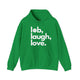 Irish green pickleball hoodie with a lob, laugh, love text design and pickleball icon