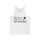 Unisex pickleball tank top with peace sign, heart, and pickleball paddle icons above "Peace, Love, Pickleball" text