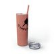 Glitter Dusty Rose skinny tumbler with straw and "Happy Place" text with a paddle and ball icon