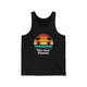 Black unisex pickleball tank top with a retro sunset circle with silhouetted palm trees and "West Coast Pickleball" script text