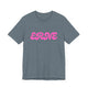 Heather slate pickleball t-shirt with a pink retro bubble ERNE text design