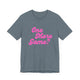 Heather slate pickleball t-shirt with a pink script One More Game text design