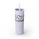 Glitter Lilac skinny tumbler with straw and a "Peace Love Pickleball" design with a peace-sign hand, a heart, and a paddle and ball