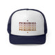 Navy trucker cap with the word "PICKLEBALL" repeated in a gradient of colors with small hearts