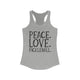 Women's racerback pickleball tank top with peace sign, heart, and pickleball paddle icons above "Peace, Love, Pickleball" text