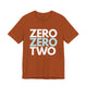 Autumn orange t-shirt with a stacked ZERO ZERO TWO text design