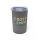 Grey vacuum insulated tumbler with a retro stacked "Coast to Coast Pickleball apparel + accessories" logo