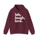 Maroon pickleball hoodie with a lob, laugh, love text design and pickleball icon