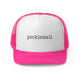 Pink trucker cap with a bold arched "PICKLEBALL" wordmark