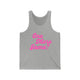 Athletic heather pickleball tank top with a pink script One More Game text design