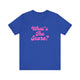True royal blue pickleball t-shirt with a pink script What's the Score text design