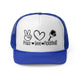 Royal trucker cap with a "Peace Love Pickleball" design with a peace-sign hand, a heart, and a paddle and ball