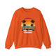 Orange pickleball crewneck sweatshirt with a retro sunset circle with silhouetted palm trees and "West Coast Pickleball" script text
