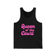 Black pickleball tank top with a pink script Queen of the Court text design