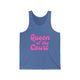 Blue triblend pickleball tank top with a pink script Queen of the Court text design