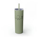 Glitter Seascape skinny tumbler with straw and a heartbeat-line illustration incorporating a paddle and pickleball