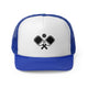 Royal trucker cap with a minimalist icon of two crossed pickleball paddles and a ball
