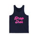 Pickleball tank top with a pink script Drop Shot text design