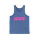 Blue triblend pickleball tank top with a pink retro bubble ERNE text design