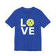True royal t-shirt with a LOVE text design and a yellow pickleball replacing the O
