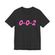 Dark grey heather pickleball t-shirt with a pink script 0-0-2 text design