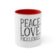 White mug with a Red accent and a "Peace Love Pickleball" design with a peace-sign hand, a heart, and a paddle and ball