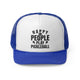 Royal trucker cap with "Happy People Play Pickleball" text with pickleball and paddle icons