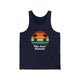 Navy unisex pickleball tank top with a retro sunset circle with silhouetted palm trees and "West Coast Pickleball" script text