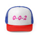 Blue/Red trucker cap with a pink "0-0-2" pickleball score in bubble text