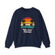 Navy pickleball crewneck sweatshirt with a retro sunset circle with silhouetted palm trees and "West Coast Pickleball" script text