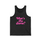 Pickleball tank top with a pink script What's the Score text design
