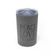 Grey vacuum insulated tumbler with a "Peace Love Pickleball" design with a peace-sign hand, a heart, and a paddle and ball