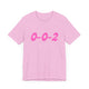 Heather bubble gum pickleball t-shirt with a pink script 0-0-2 text design
