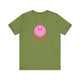 Heather Green pickleball t-shirt with a pink smiley face graphic over "Pickleball" text