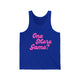 Pickleball tank top with a pink script One More Game text design