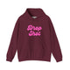 Maroon pickleball hoodie with a pink script Drop Shot text design