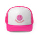 Pink trucker cap with a pink smiley face with "PICKLEBALL" script text below