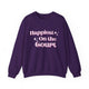 Purple pickleball sweatshirt with retro script text "Happiest On the Court" and sparkle accents