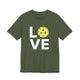 Military green t-shirt with a LOVE text design and a yellow pickleball replacing the O